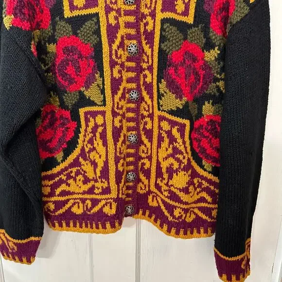Vintage Sweater 1993 Casual Corner Chunky Cardigan Y2K Floral‎ Ramie Cotton M - Picture 4 of 7